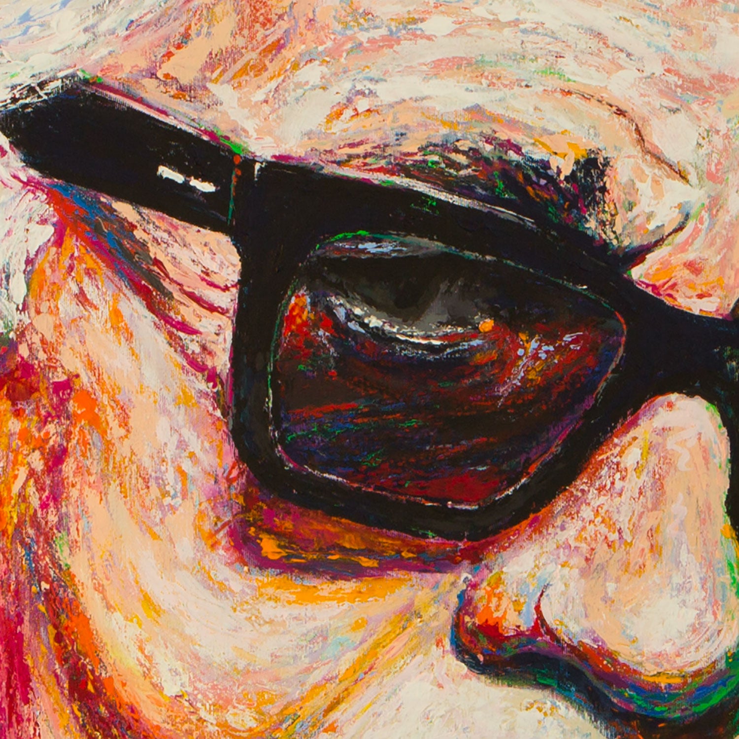 Macro detail of Marcel Kozik’s Karl Lagerfeld portrait, featuring textured acrylic strokes, vivid reds and greens, and the iconic black sunglasses.