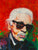 Karl Lagerfeld – vibrant empathic portrait by Marcel Kozik, expressive acrylic fine art print in bold red and green tones.